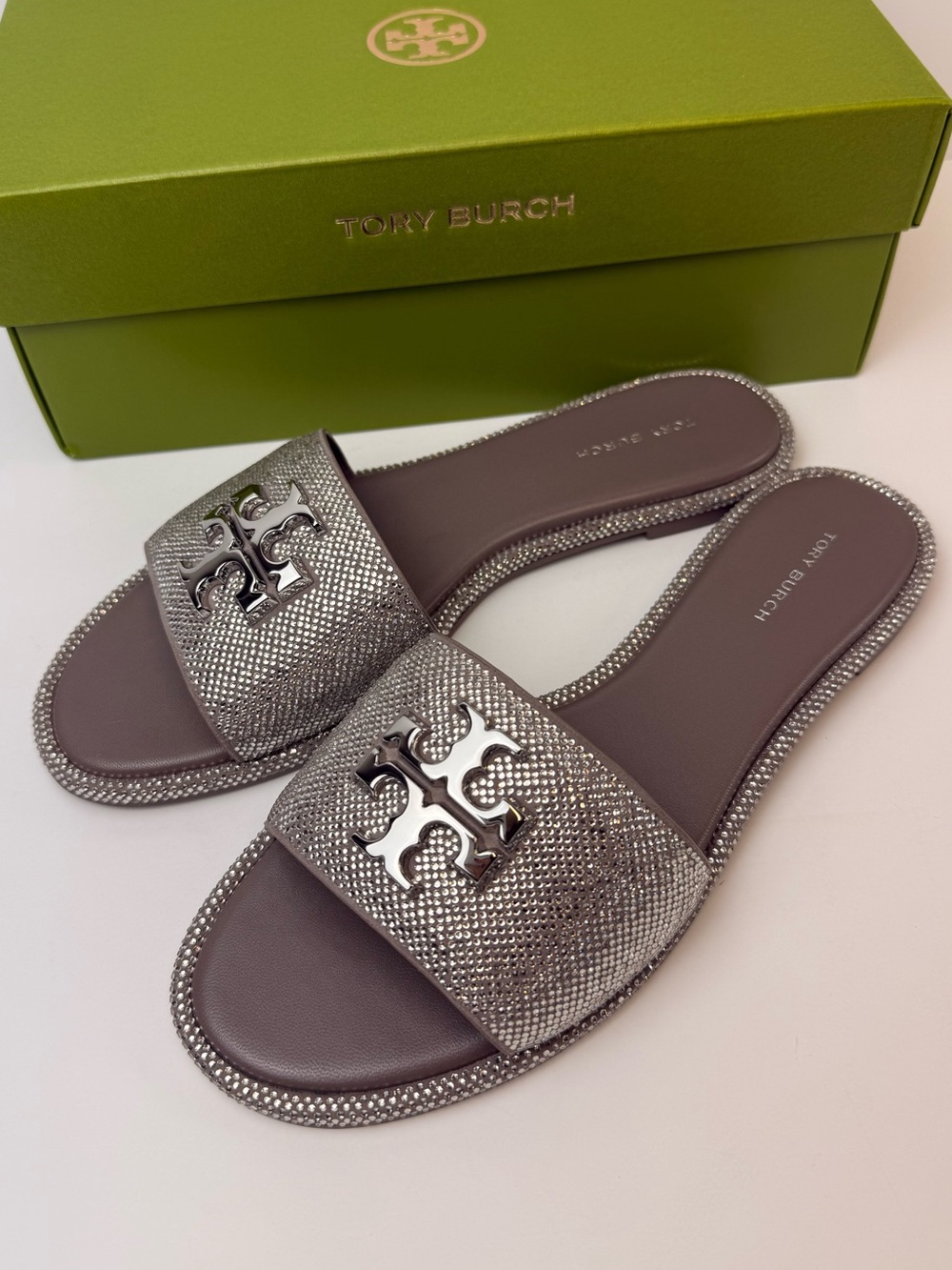 Tory Burch Everly Crystal Rhinestone Slide Sandals Dark Clay Silver‎ RUNS SMALL